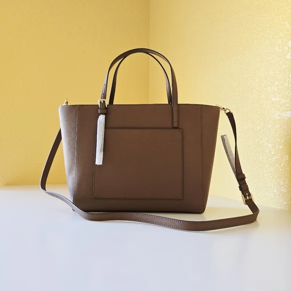 Tory Burch Emerson Top Zip Tote Moose Brown Saffiano Leather Crossbody Bag - Picture 5 of 16